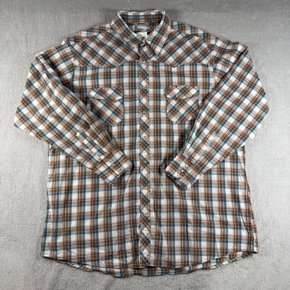 Wrangler Wrancher Shirt Mens 2XT Brown Teal Plaid Pearl Snap Western Long Sleeve